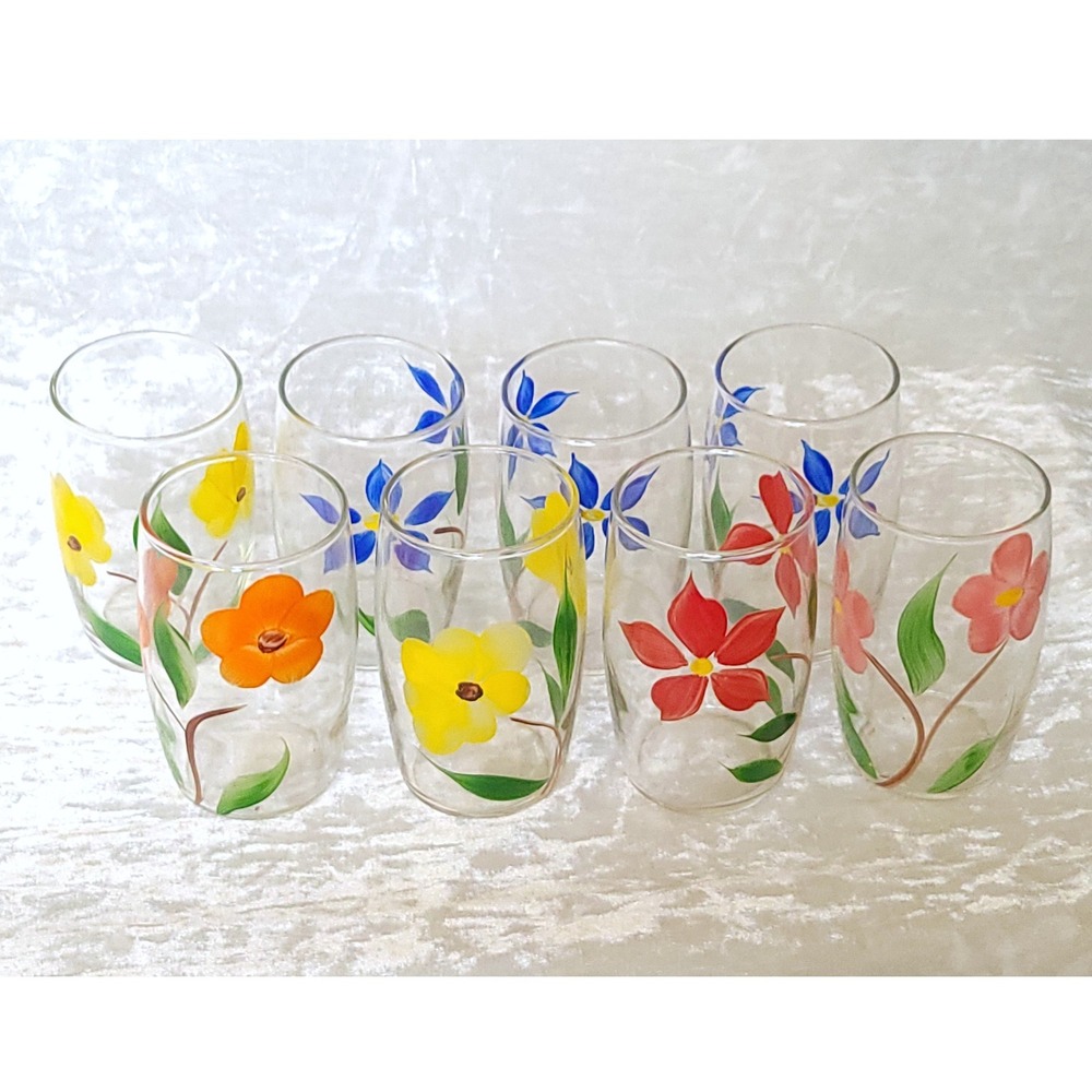 8 Vtg MCM Hand Painted Floral Juice Glasses Flower Tumblers Bartlett Collins